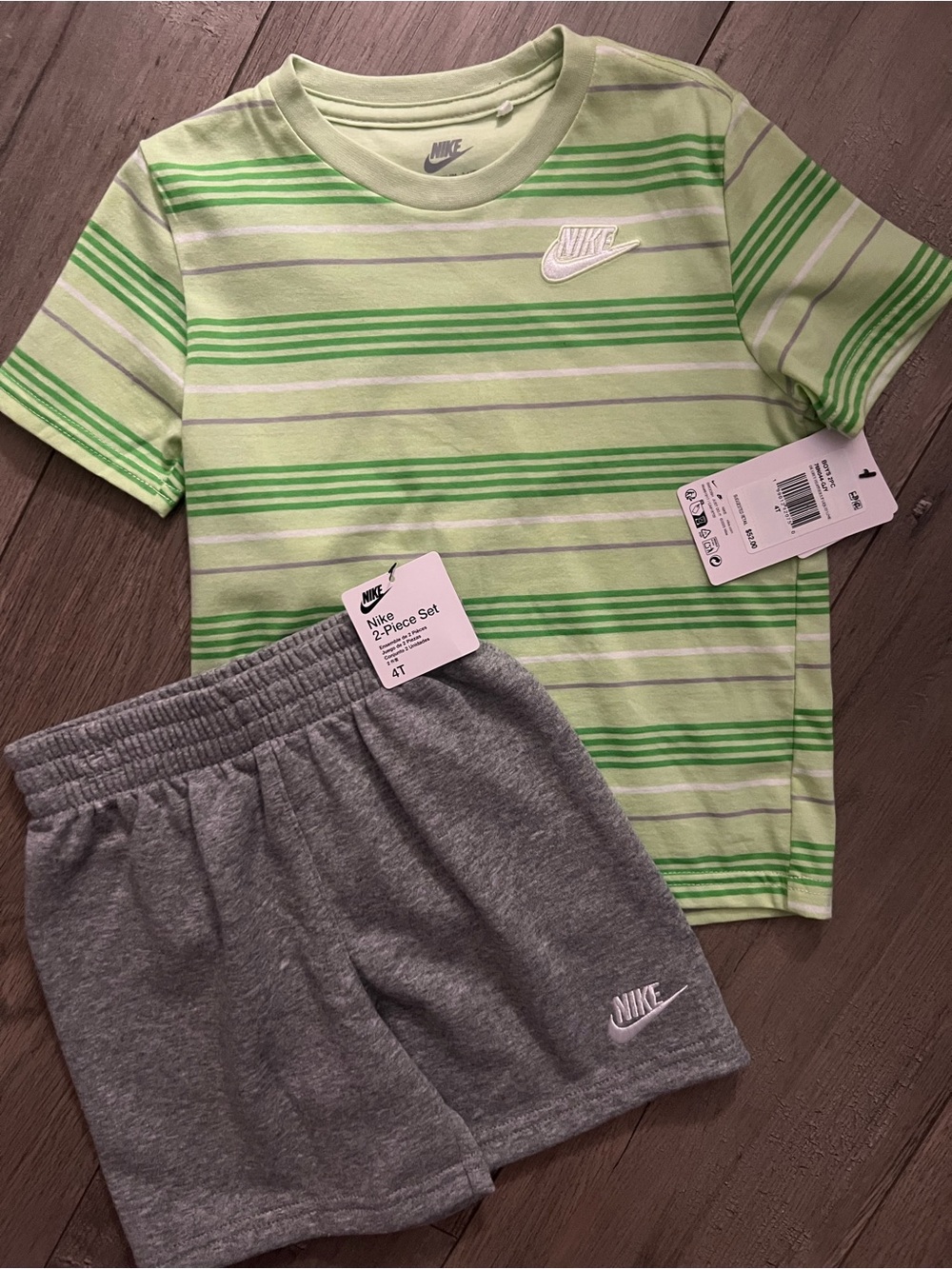 Nike Boys Green Stripe Tee with Gray Shorts Set